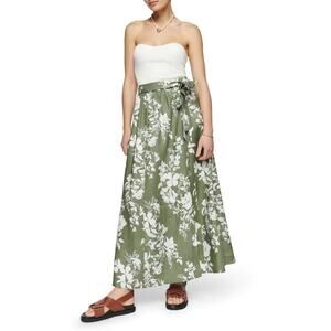 Reformation Sz 4 Karen Linen Skirt Green White Tie Split GREAT!